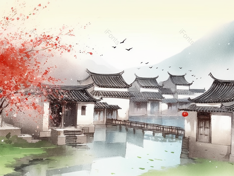 江南古色古乡的建筑池塘水墨风格插画,插画/手绘图,插画/手绘图库,插画/手绘图下载,插画/手绘